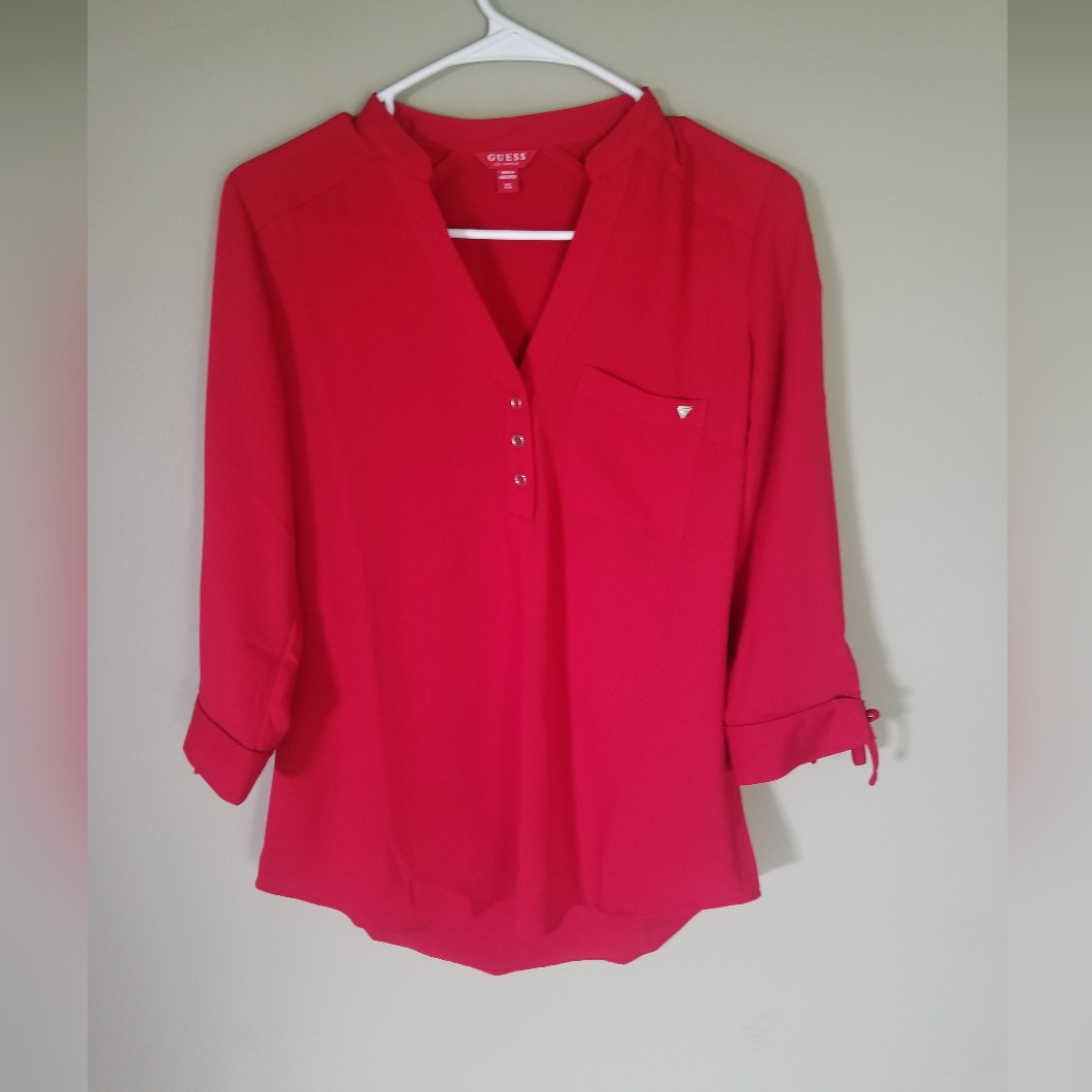 Guess Red Mandarin Collar Blouse 3/4 Sleeve